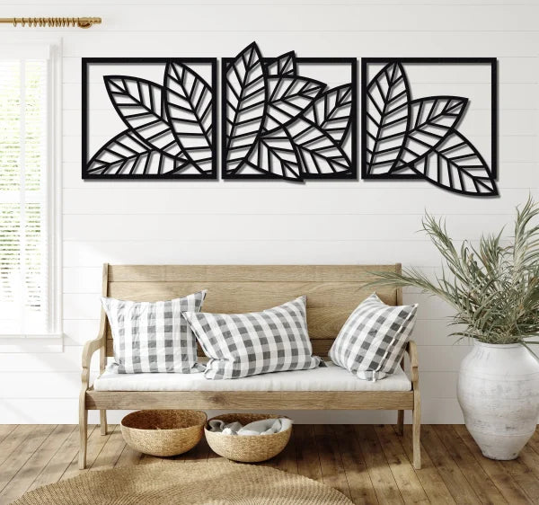 3d Wooden 3 Piece Long Leaf Panels | Wall Hanging Wooden Art