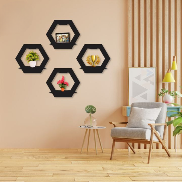 (3 Pcs Set ) Hexagon Shape 3d Wooden Wall Shelf